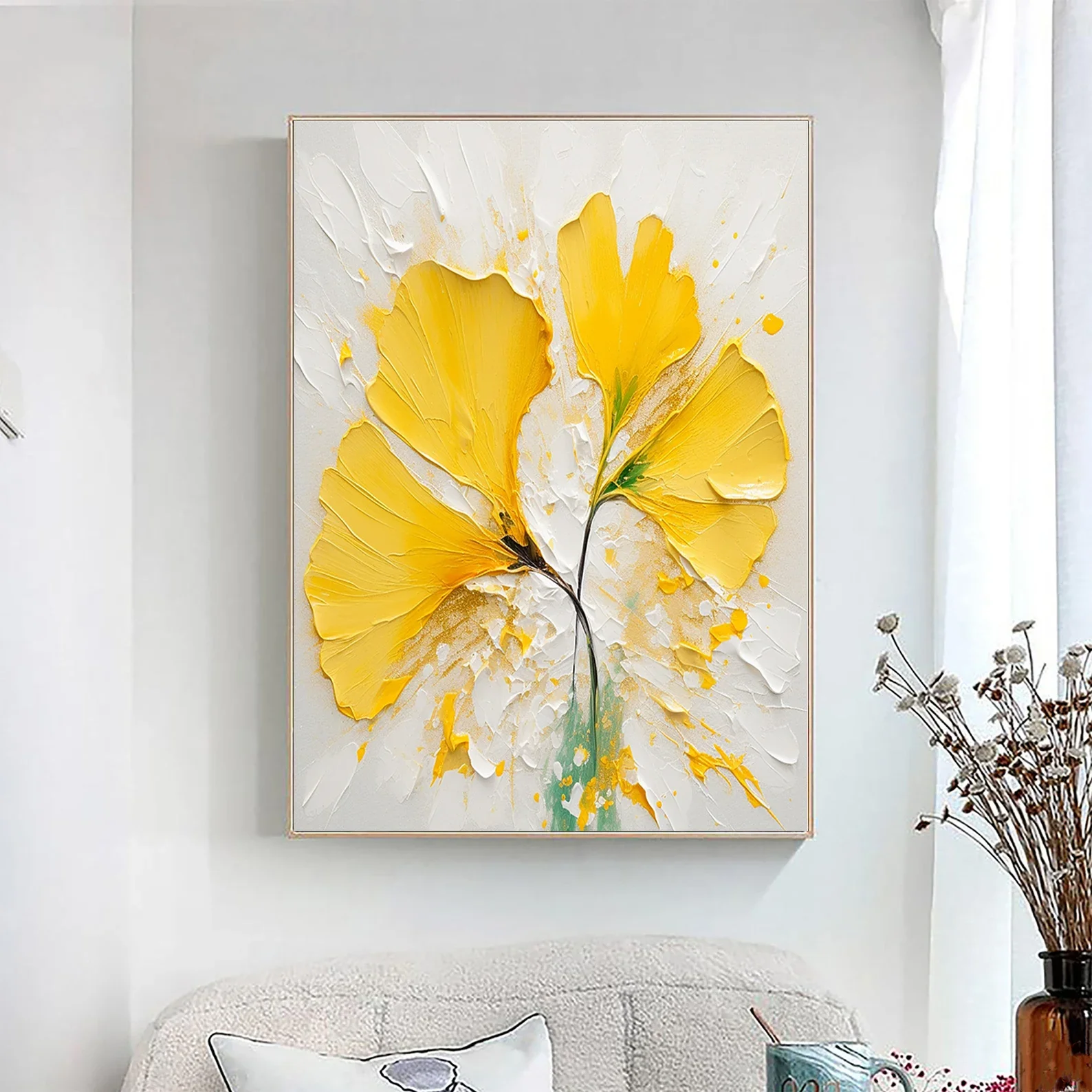 100% Real Hand Painted Abstract Yellow Ginkgo Biloba Leaf Painting,3D Texture Wall Art for Living Room Bedroom