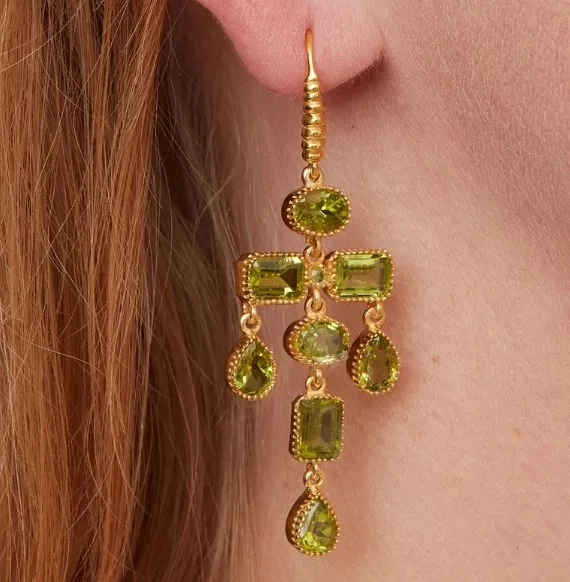 Wedding jewelry mix shaped peridot quartz gemstone chandelier dangle earrings brass 18k gold plated long pair statement earrings