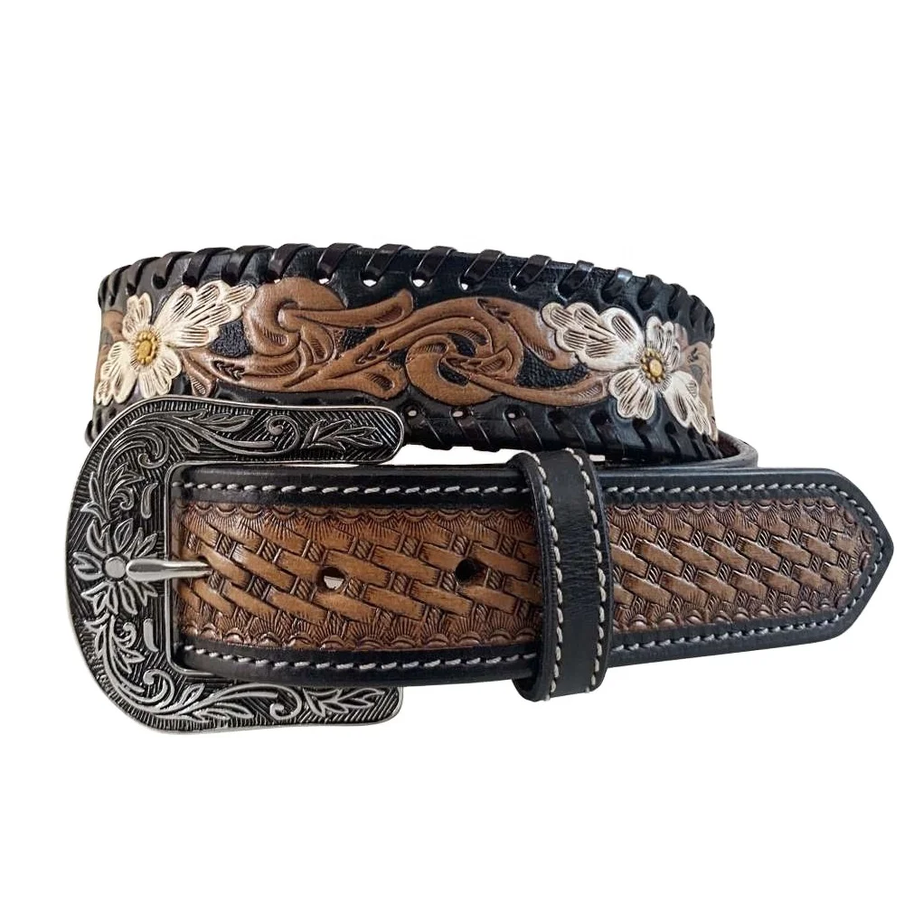 Personalized cowboy belts Western Genuine Leather Belt With Whip Stitched And Hand Embossed Design Manufacturer and Wholesaler