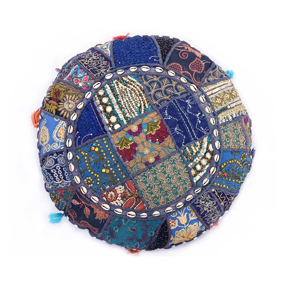 Hand Embroidered Indian Cushion Cover Patchwork With Tassel Round Cotton Pillow Covers Ethnic Vintage Living Room Sofa Pillow