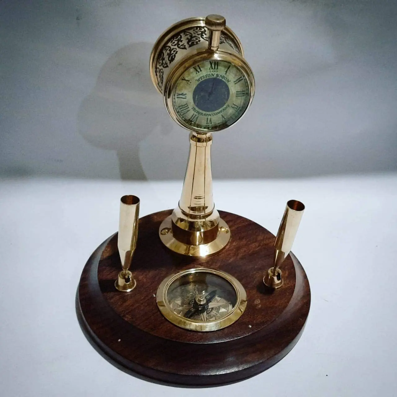 Exclusive Collection of Wooden & Brass Pen Holder with Time Clock Table Desk Pen Holder with Shiny Polish Pen Holder