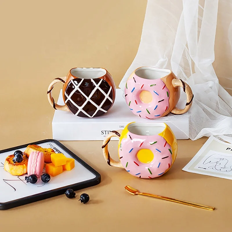 Factory wholesale Cute and Creative tea cups manual custom 3d Donut Ceramic coffee mugs