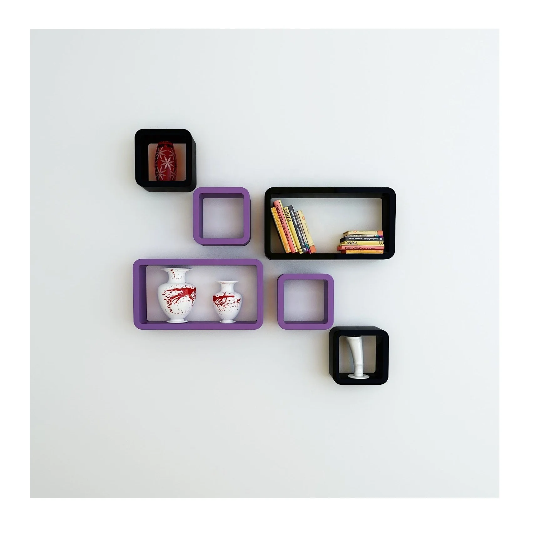 Wall Shelf Set of Six Designer Wall Rack Shelves Purple & Black Cube & Rectangle Wall Shelves for Living Room Decor