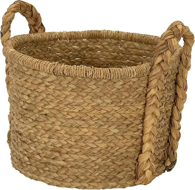 Creative Non-toxic Natural Handwoven Round Shape Water Hyacinth Basket With Braided Handles for Households Storage