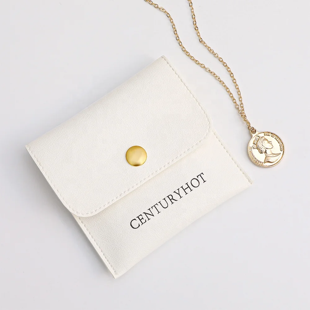 PUPPYSEW Wholesale White PU Leather Jewelry Pouch Bag  Jewelry Packaging Bag With Sanp Button Necklace,ring Pouch  With logo