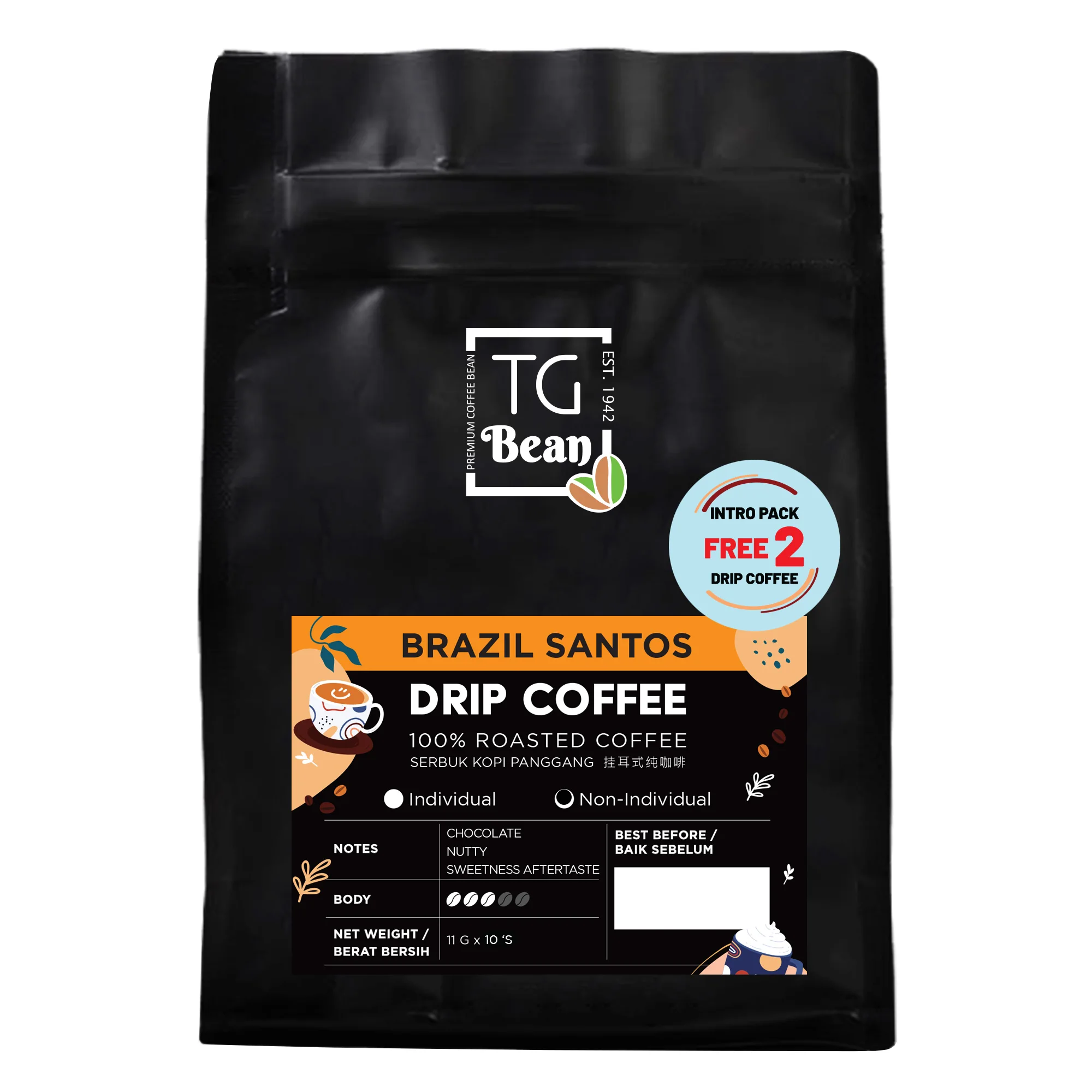 Single Origin Brazil Santos Drip Bag Coffee Notes of Chocolate Nuts with Sweetness Aftertaste 6s Individual Pack