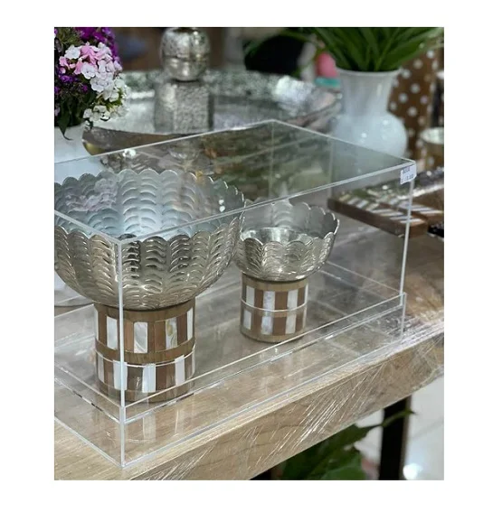 Arabic Style Ramadan Gift Mango Wood Mop Inlay Metal Bowl 2 Pcs Set Dessert Serving Bowl Food Storage Stand Bowl