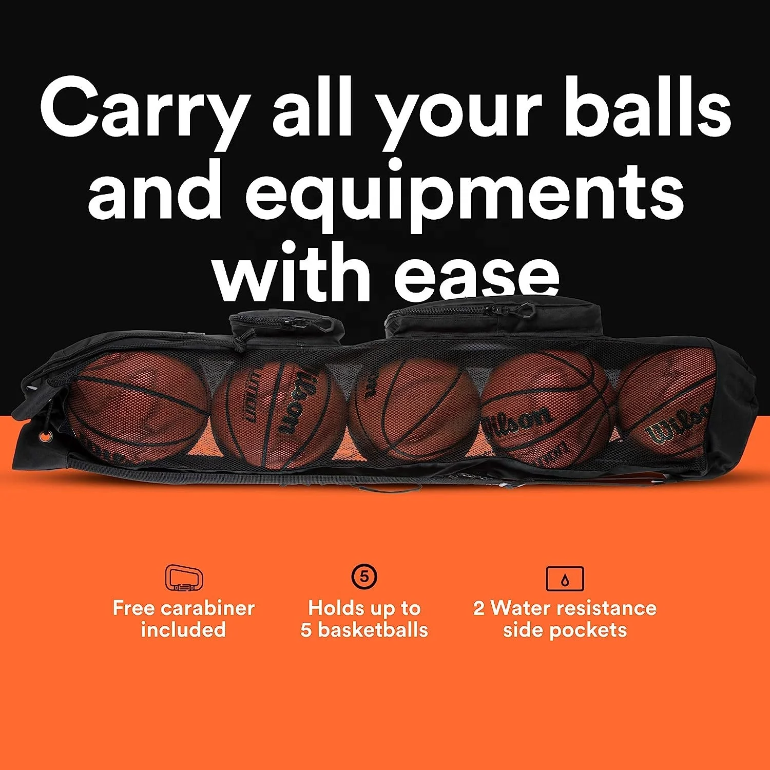 Heavy Duty Basketball Mesh Equipment Ball Bag with Shoulder Strap with Front Pockets for Coaching Sport Accessories