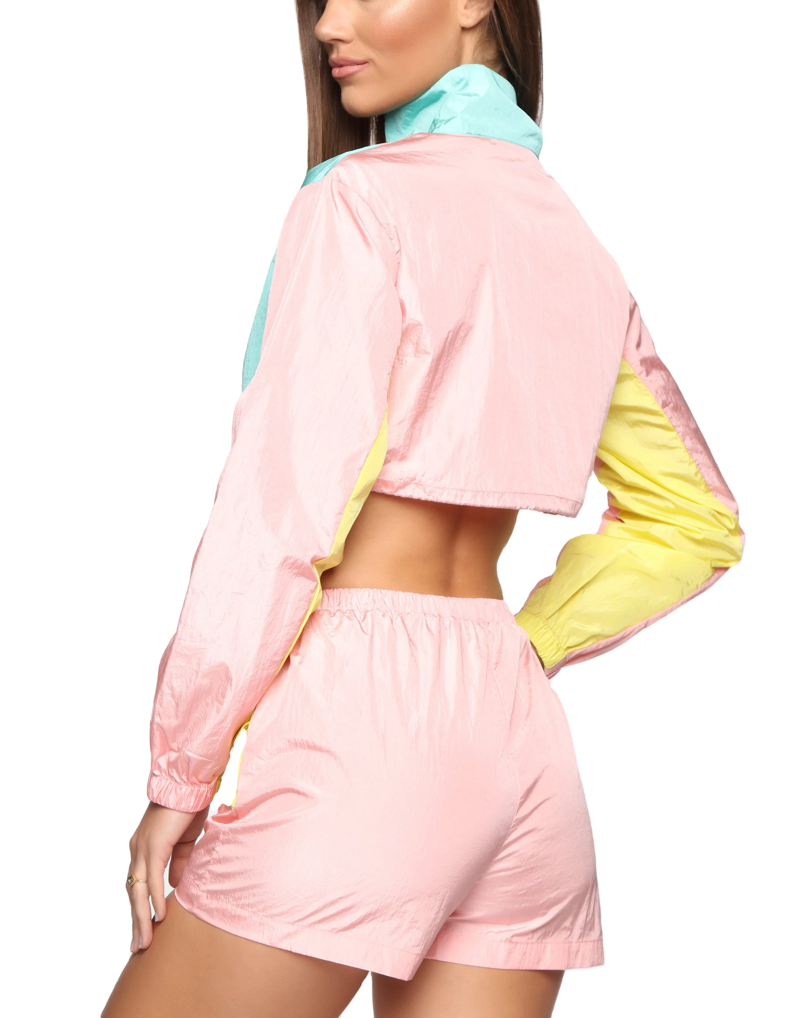 Sweatsuit shorts set women summer two piece shorts set clothing color block windbreaker shorts and jacket set