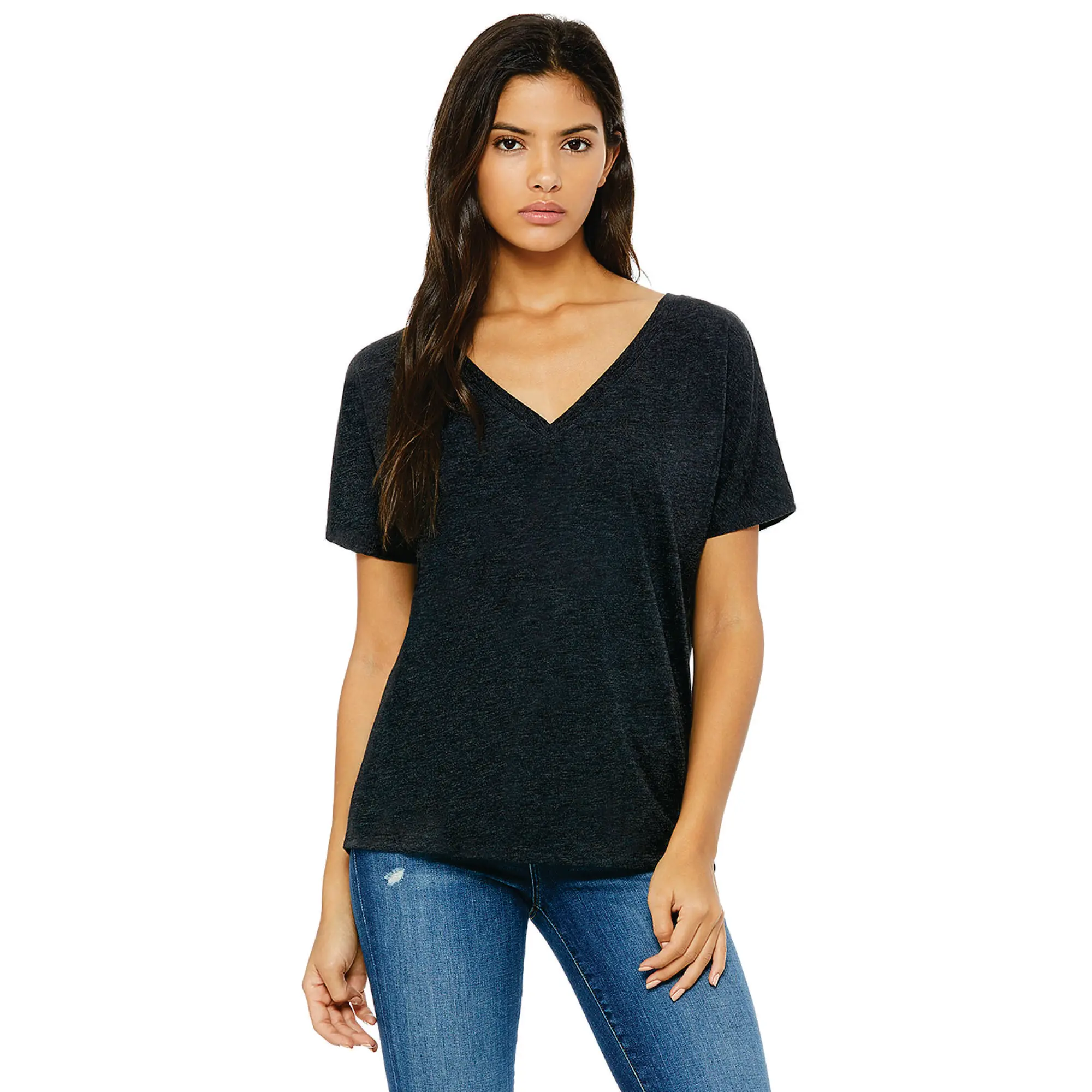 65% Poly 35% Viscose 32 Single 3.7 oz Charcoal Black Womens Slouchy V-Neck T-Shirt with Subtle Curved Bottom Hem