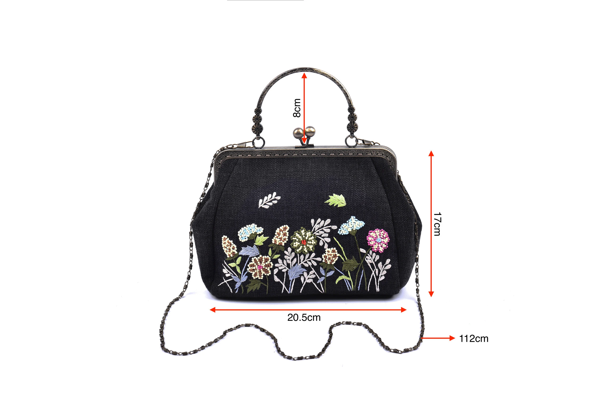 Shoulder Hemp Bag with Copper Binding Straight Hand Strap Sequin and Glass Bead Flowers and Grass Patterns Embroidery Chain