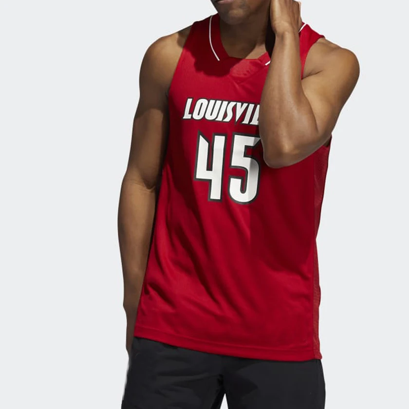 New design 2023 red and black insert collar style custom basketball uniform for men with side rice hole mesh panel