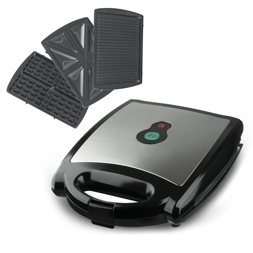 Electric 4-Slice Sandwich Maker with Interchangeable Plates (Sandwich, Waffle, Grill), Overheat Protection, and Indicator Light