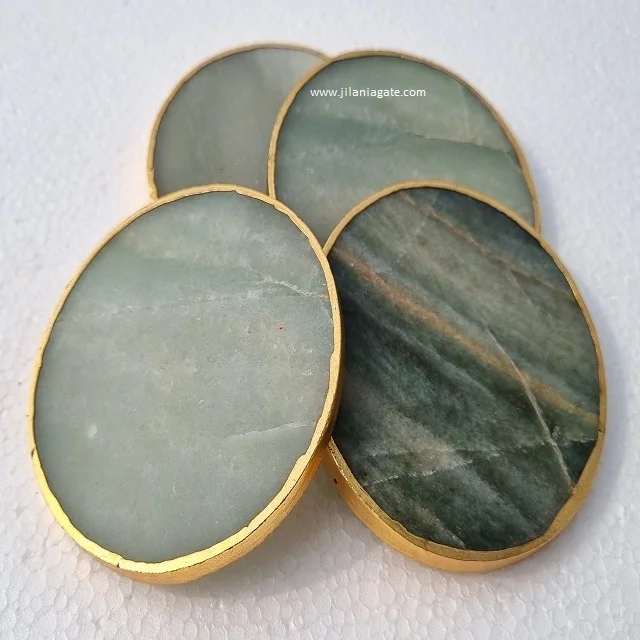 Green Aventurine Agate Coaster Wholesale round Quartz Gemstone Tabletop Gold Plating Ball Theme Decorations Love Style Rose Jade