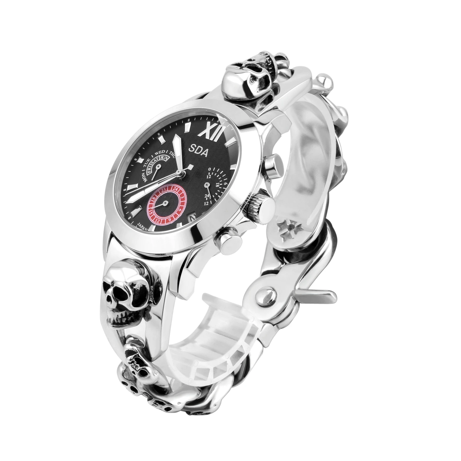 Motorcycle Chain-Men Watch Stainless Steel Skull Buckle Link Chain Watch for Men Stainless Steel Punk Style Watch Jewelry