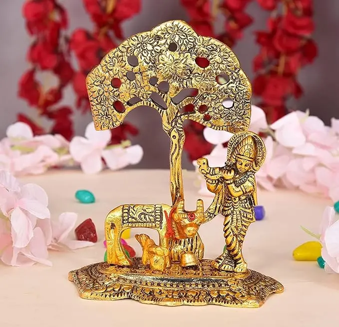 Lord Krishna Playing Murali Under Tree Along With Kamadenu Decorative Showpiece Ideal for Home Decor God Idol Pooja Statue