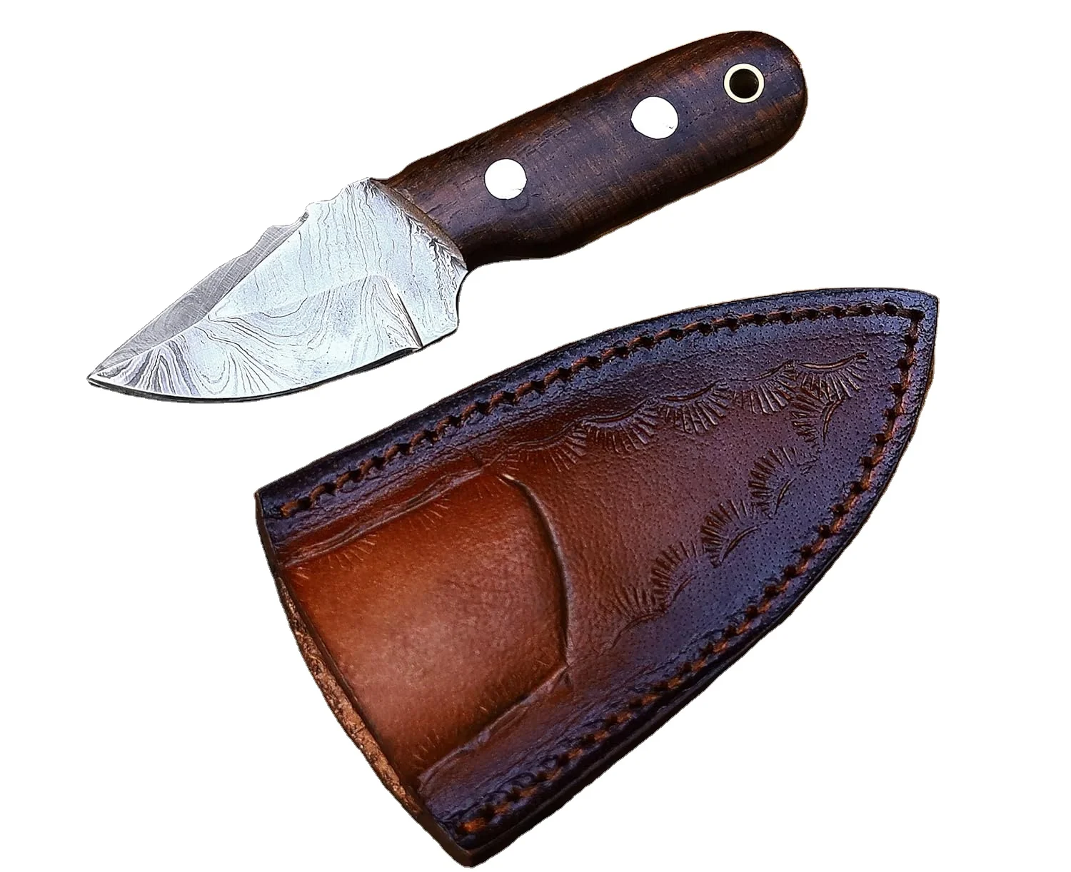 2024 Handmade Damascus steel hunting knife With leather sheath fixed blade knife mini pocket knife wooden handle