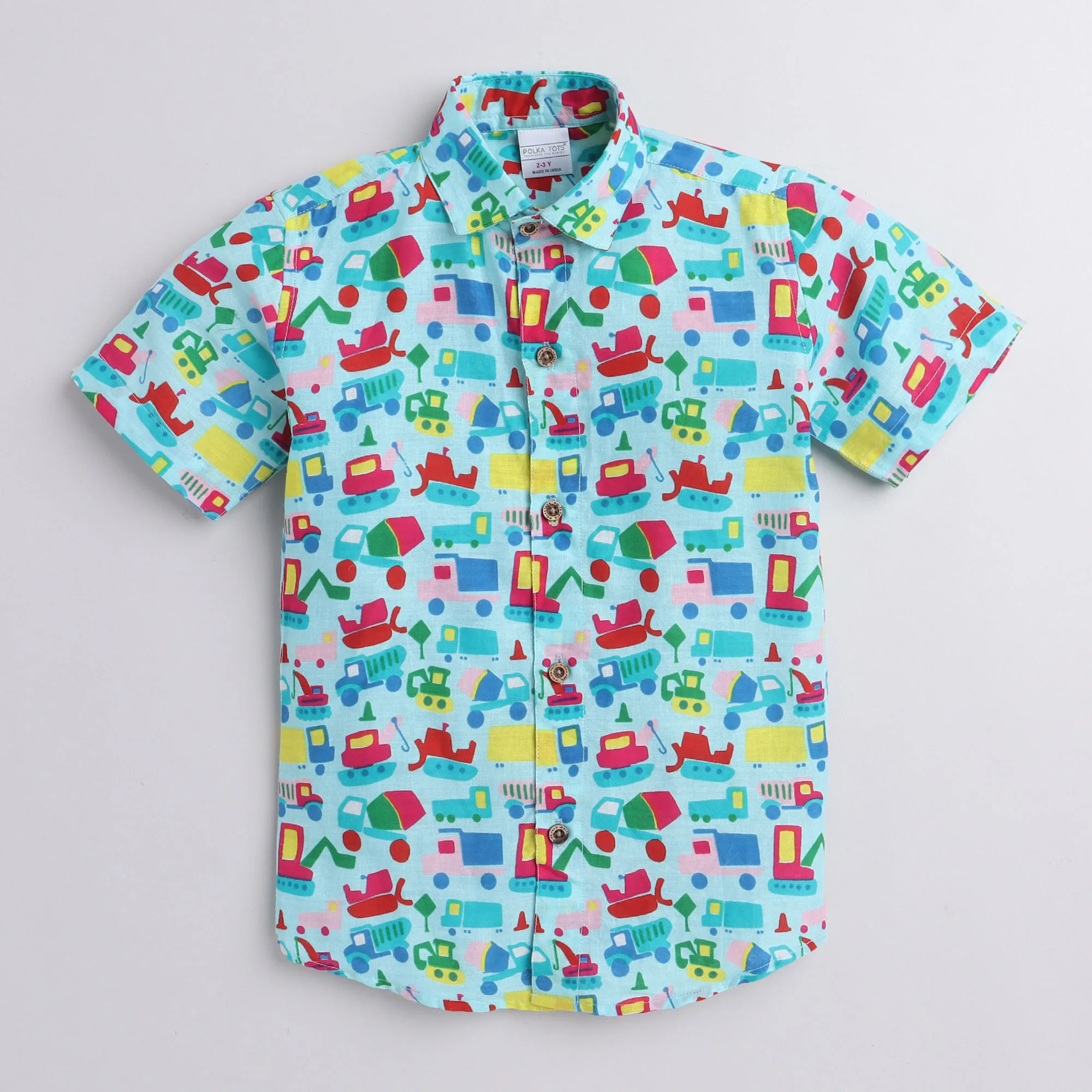 Polka Tots Half Sleeve Shirt  Cotton Car Print - Blue