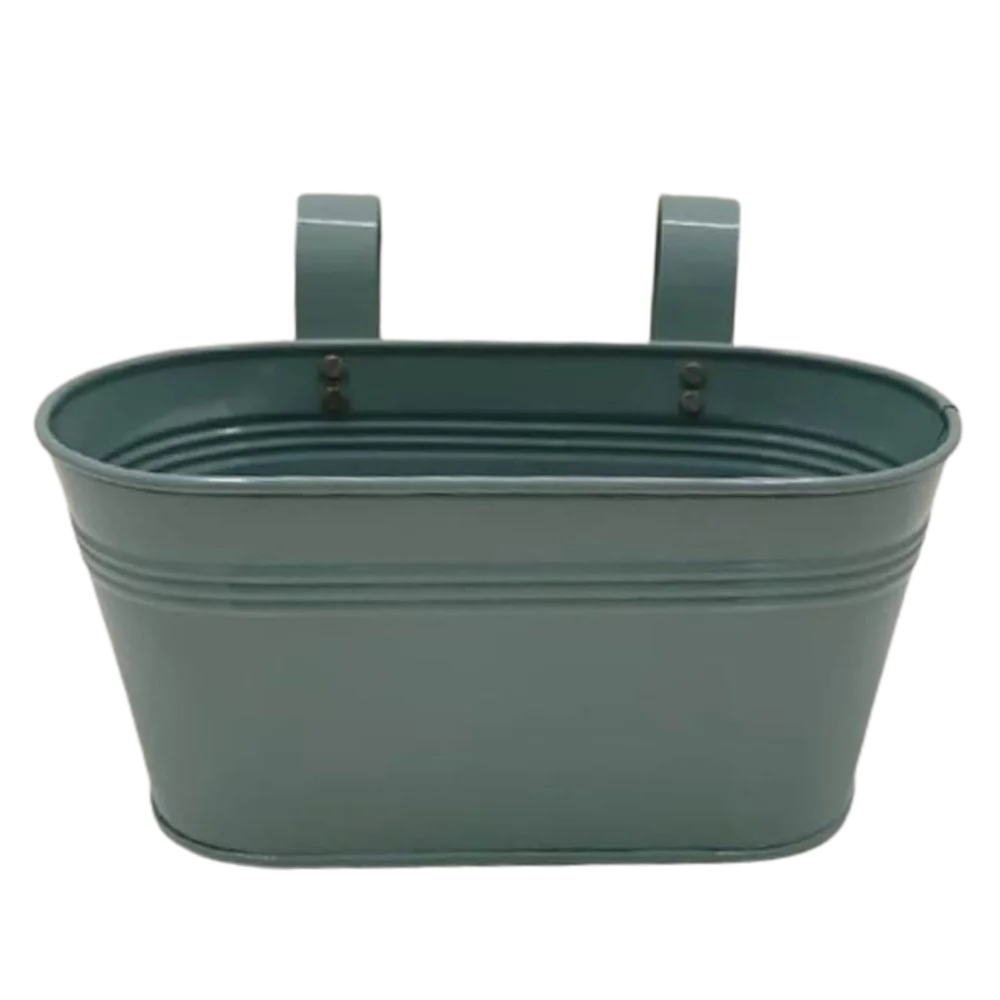 Modern Look Iron Oval Hanging Planter With 2 Handle Shiny Green Colour Railing Planters and Outdoor Planter For Garden Decor