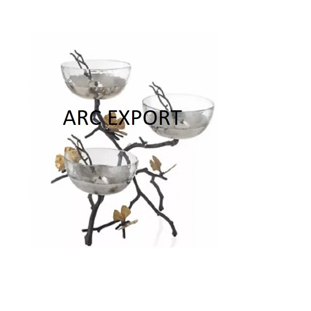 3 Layer Modern Decorative Glass Metal Bowl With Black Tree Leaf Design Serving Bowls Stylish Table Accessories Decorative Bowl