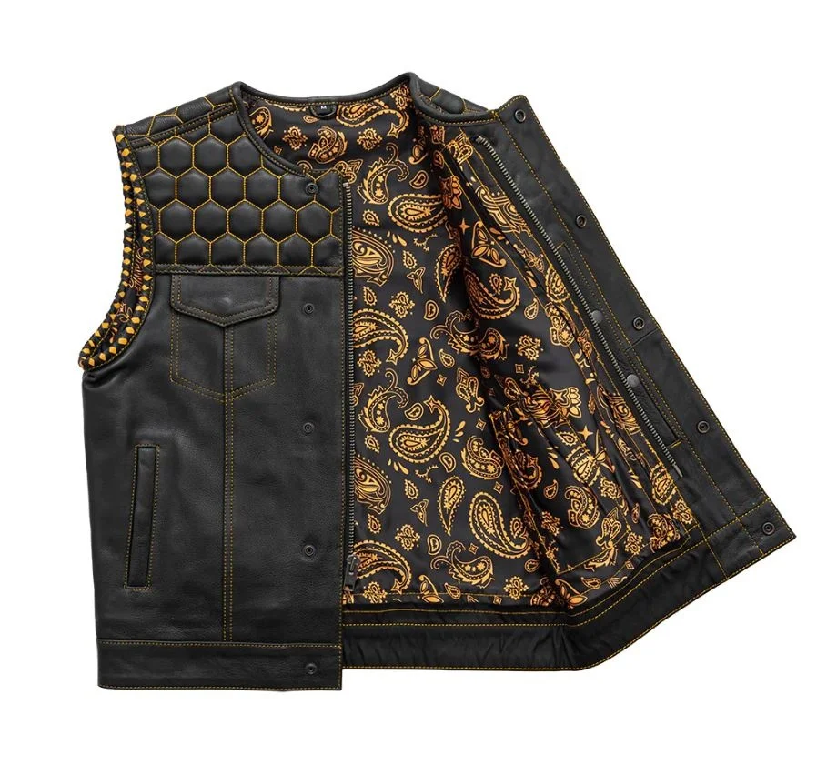 Motorbike Leather vest Jacket, Wind Proof Motorbike Leather Vest, OEM ODM Leather Biker Vest Men printed lining