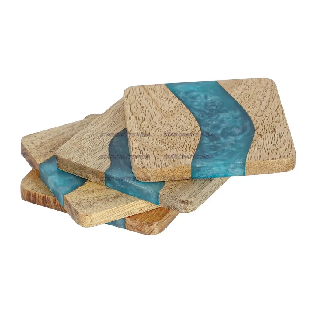 New Design Custom Logo Wood And Resin Round Shape Blue and white Color Zig zag Design Coasters Set Manufacturer Unique Quality