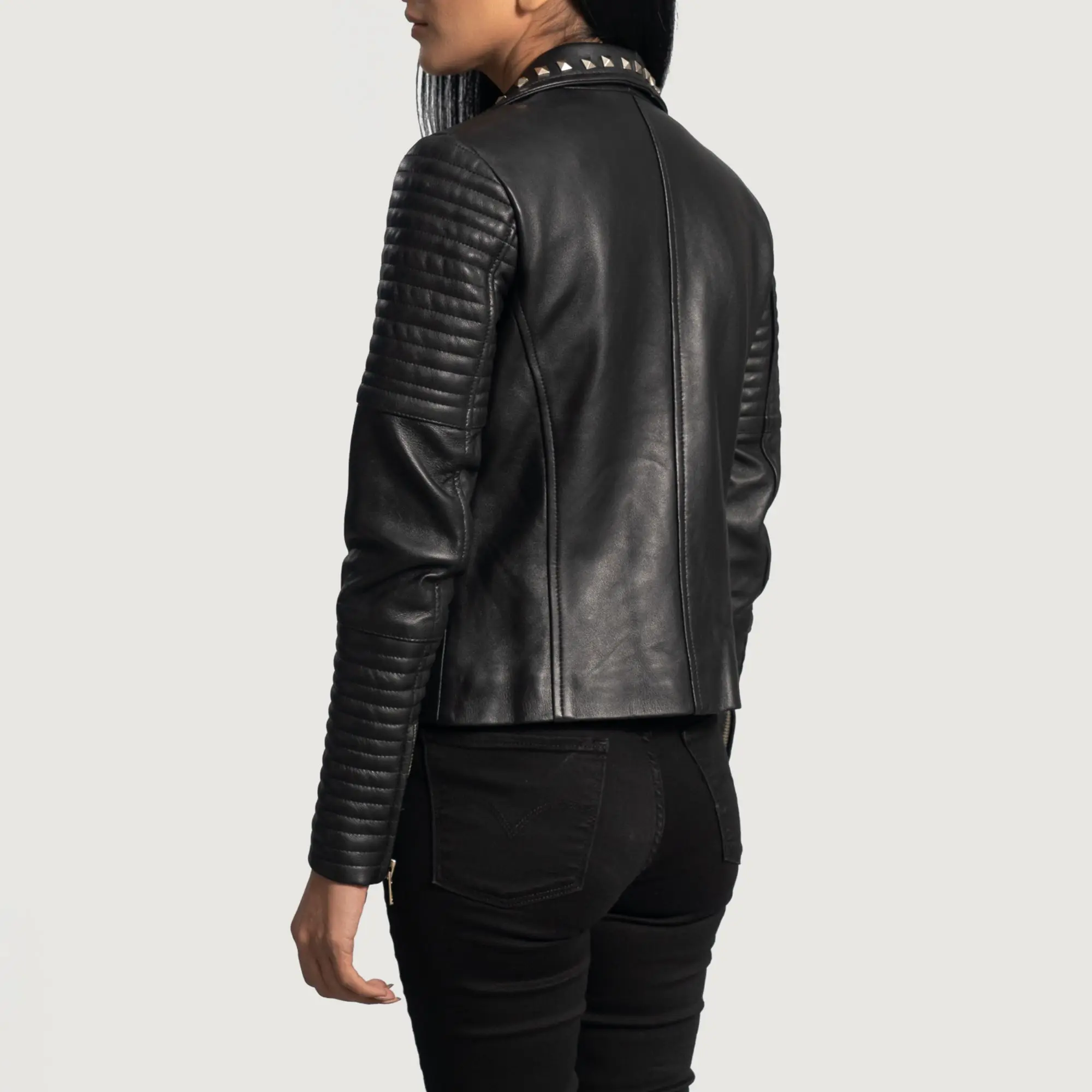 Real Leather Sheepskin Aniline Zipper Sally Mae Studded Black Women Biker Jacket with Quilted Viscose Lining and Inside Outside