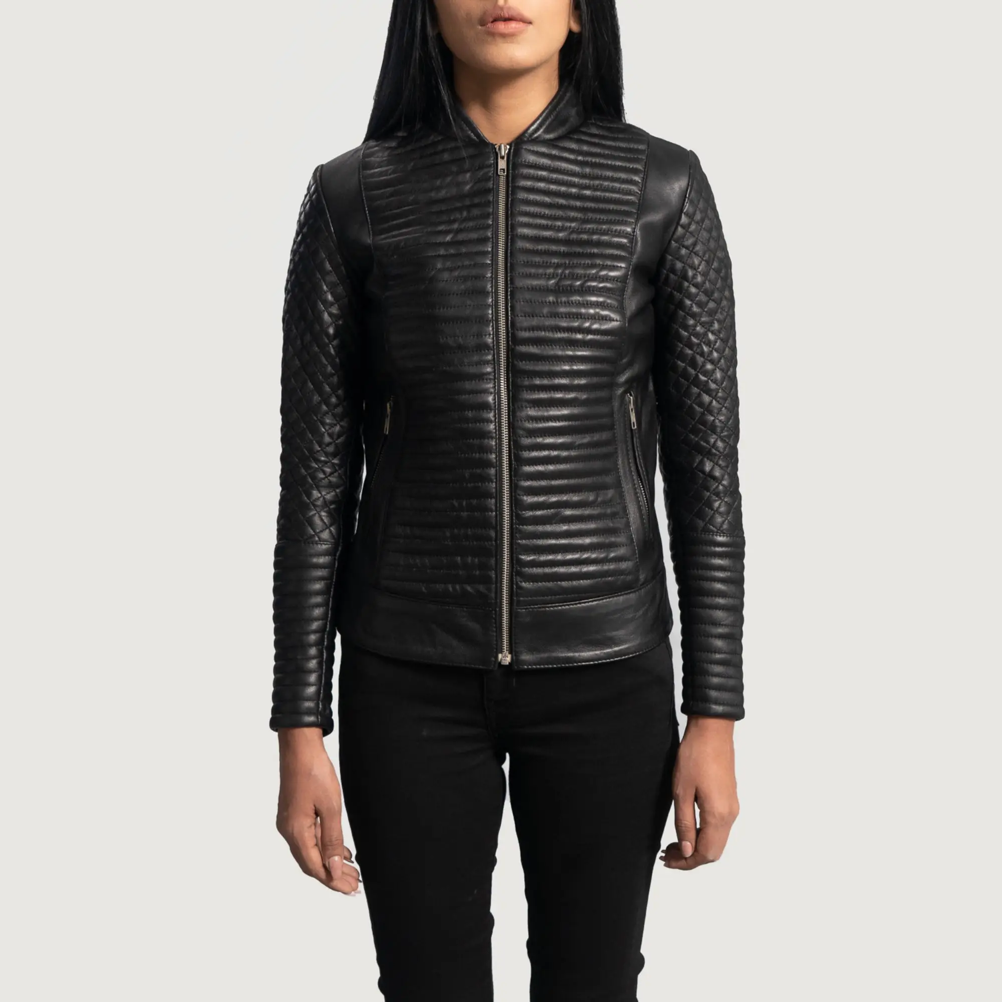 Real Leather Sheepskin Aniline Zipper Cityscape Black Women Biker Jacket with Quilted Viscose Lining and Inside Outside Pockets