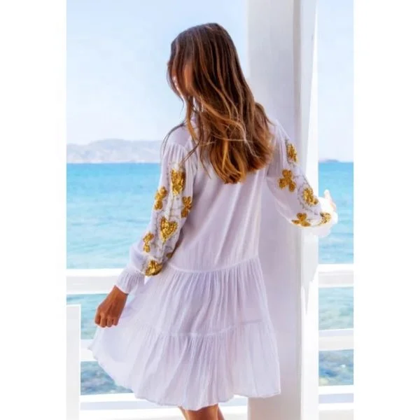 2022 Exclusive White And Golden Women Summer Beach Dress Intricate Handmade Sequin Heart Motif Mini Sun Dress Boho Ladies Tunic