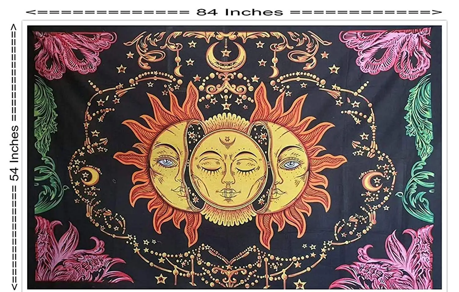 Terot Triple Burning Sun Moon & Star Mystic Hippie Bohemian Psychedelic Mandala Cotton Wall Hanging Tapestry (Brush Paint
