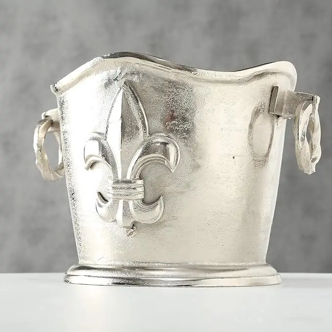 Luxury Champagne Bucket Wine Cooler French Flair Fleur de Lis Crest Hand Cast Aluminium Old World Craft Finish up to 8 Bottles