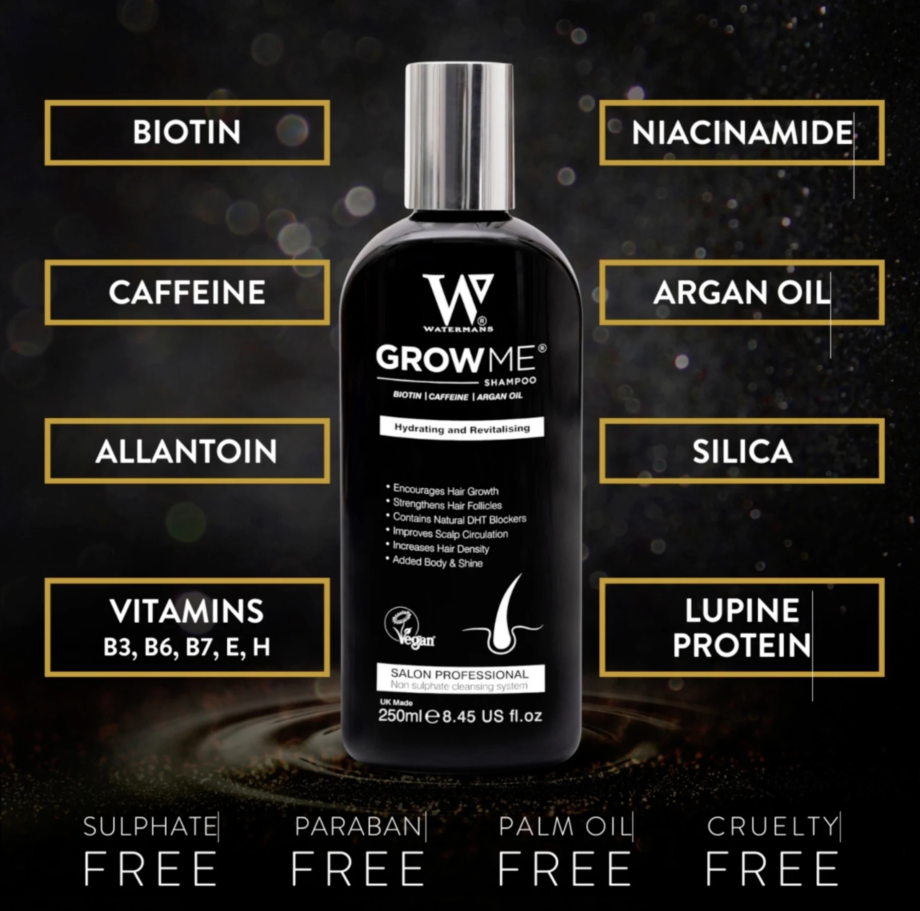 Watermans Hair Growth Shampoo 250ml w Biotin Rosemary Caffeine Argan oil Wholesale Hair Loss Products Biotin Argan Oil Shampoo