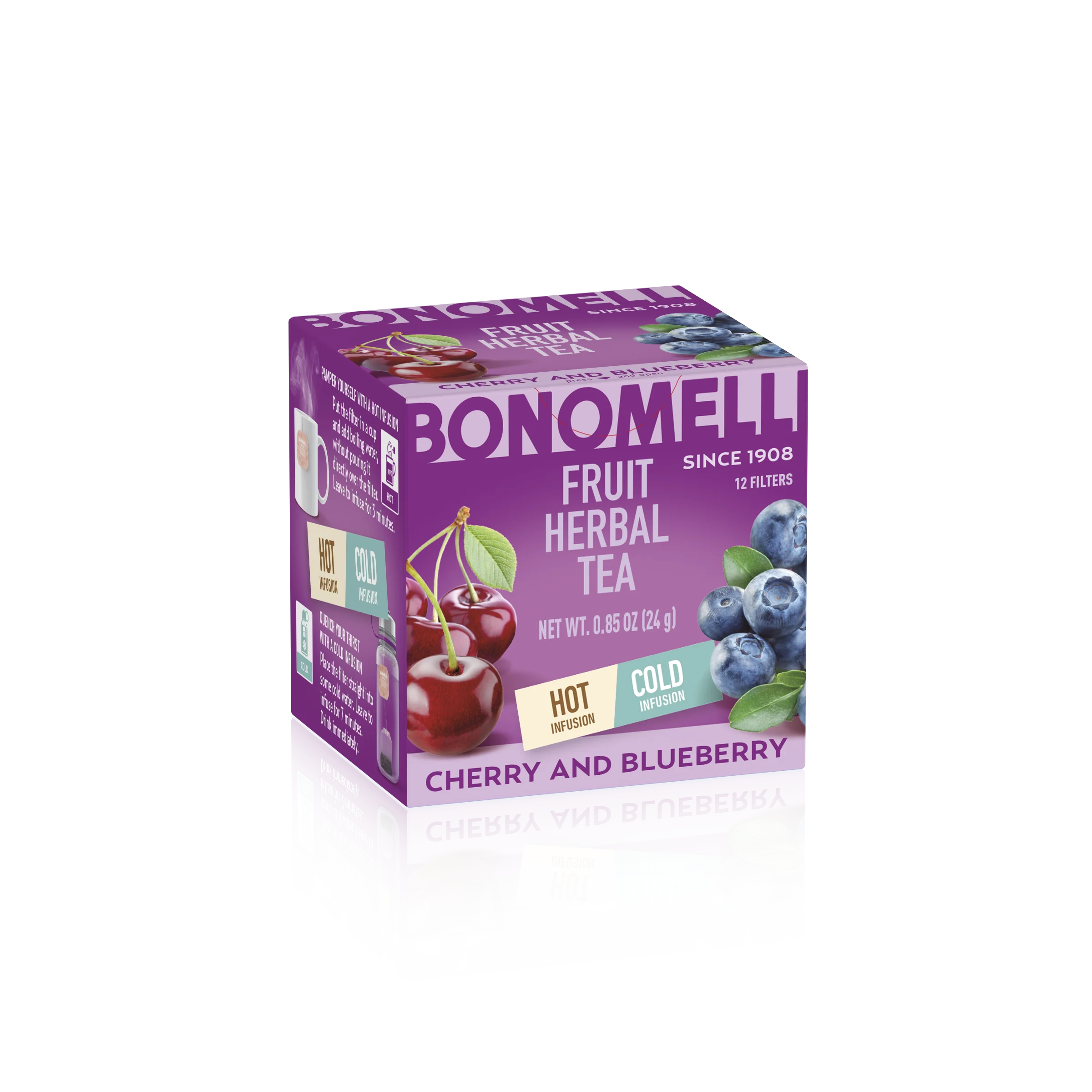 Превосходное качество, Сделано в Италии, травяной чай Bonomelli с вишней и черникой, 12 саше для инфузии горячей воды и холодной воды