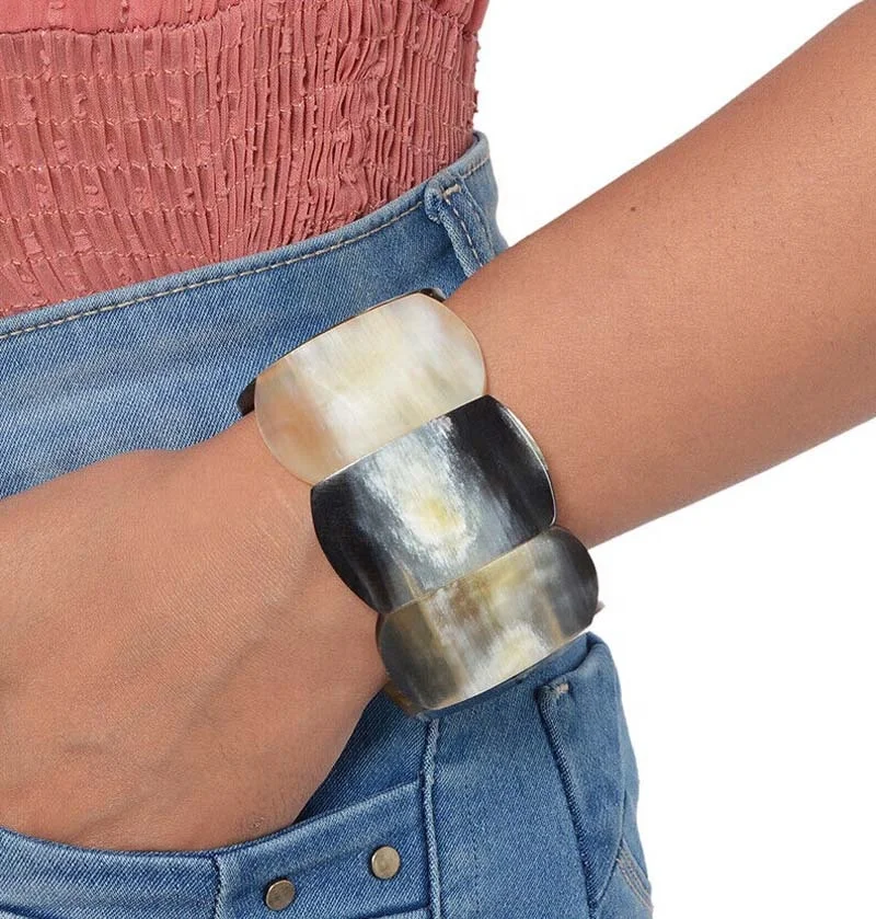 Organic Horn Elastic Bracelet Natural Color Strip Boho Fashion Adjustable Handmade Stretch Bangles Cuff Bracelets Cow Horn jewel