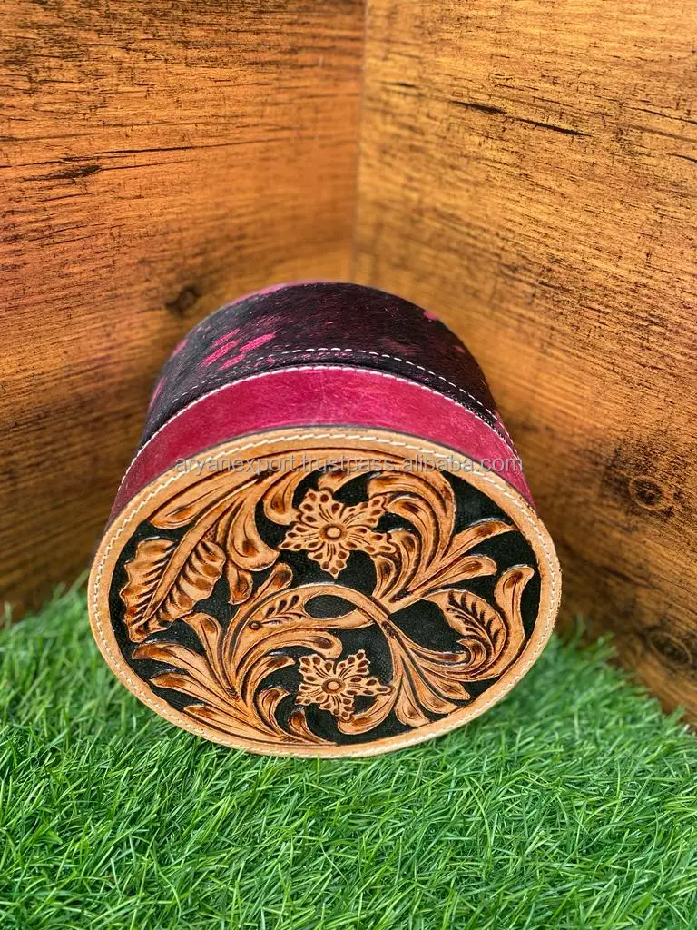 Premium Quality Tooled Leather Round Jewelry Case Western Pink Cowgirl Jewelry Box For Women Engraved Leather Travel Jewelry Box