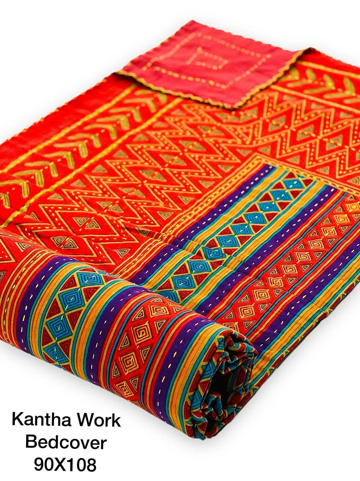 custom made multi colored embroidered kantha quilts with custom prints ideal for resale by home textile stores