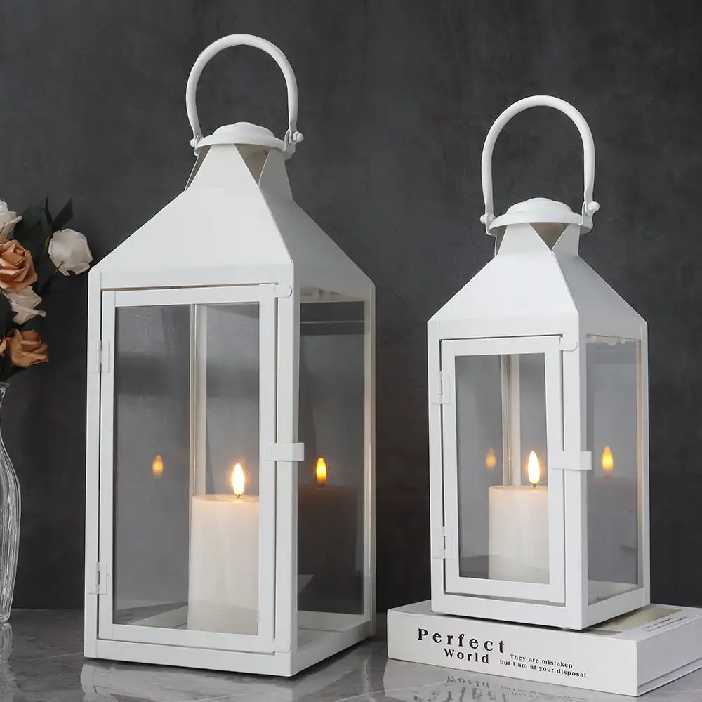 Classic White Decorative Metal Candle Lanterns in Two Sizes for Home and Garden Lighting Direct Factory Supply Handmade Lanterns