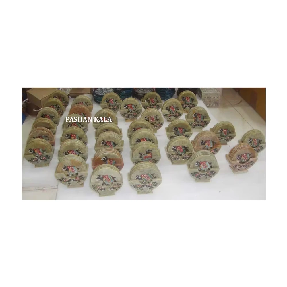 Handmade Soapstone Elephant Painted Tea Coaster Set for Painted Shape Cheap Price in Bulk Quantity With Exporter and Wholesaler