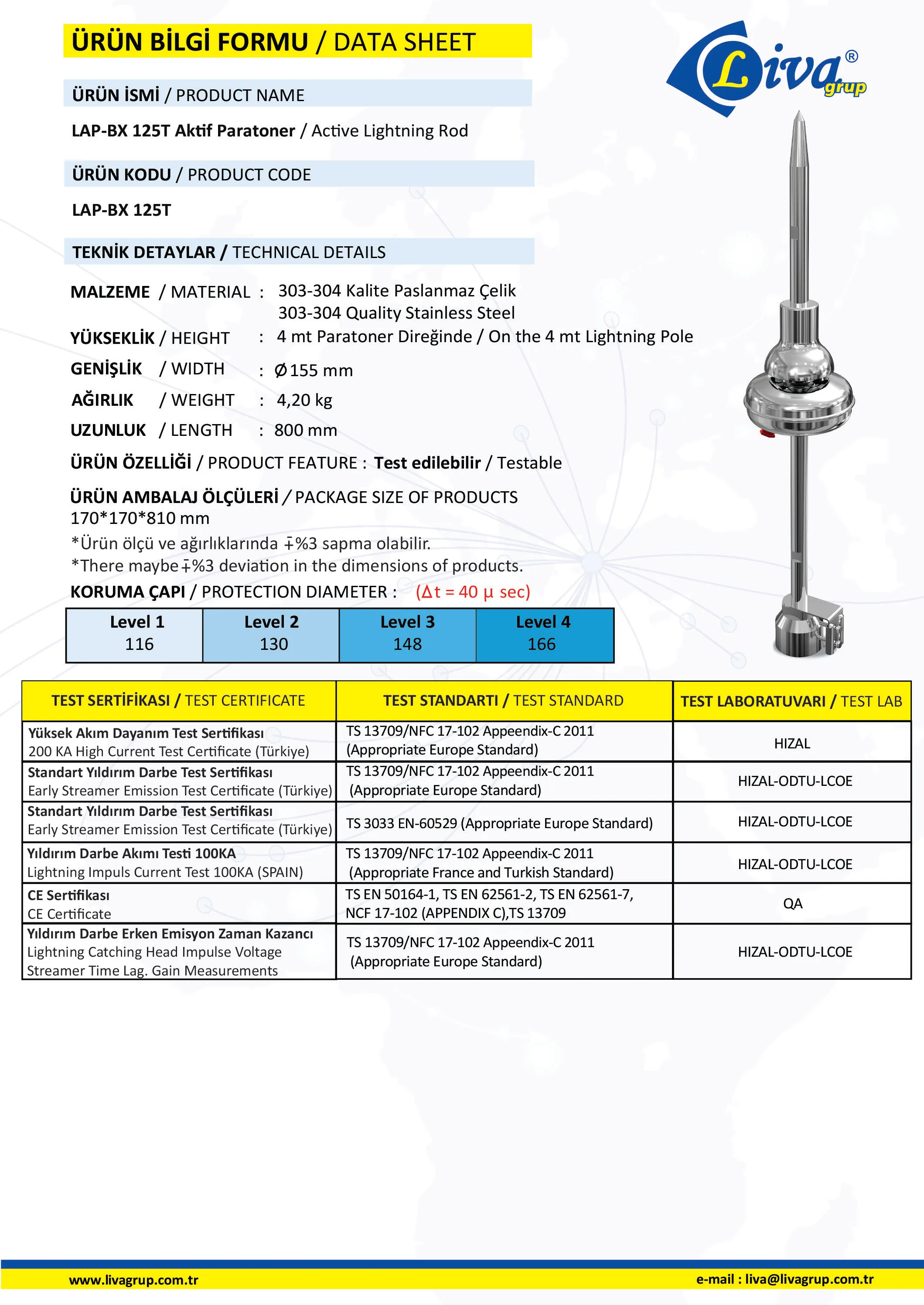 LAP-BX-125 Liva Active Lightning Rods Body material is 303 -304 quality stainless steel It has 116 meters protection diameters