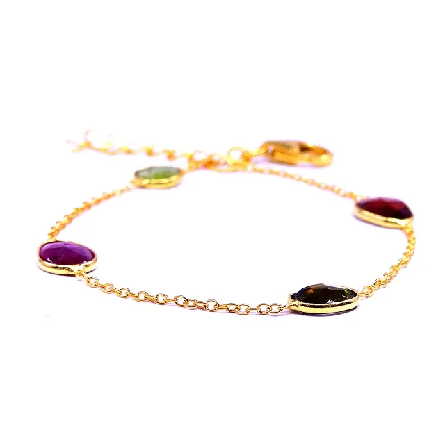 Handmade 925 Sterling Silver Gold Plated Multi Color Tourmaline Gemstones Ladies Wear Link Chain Bracelet