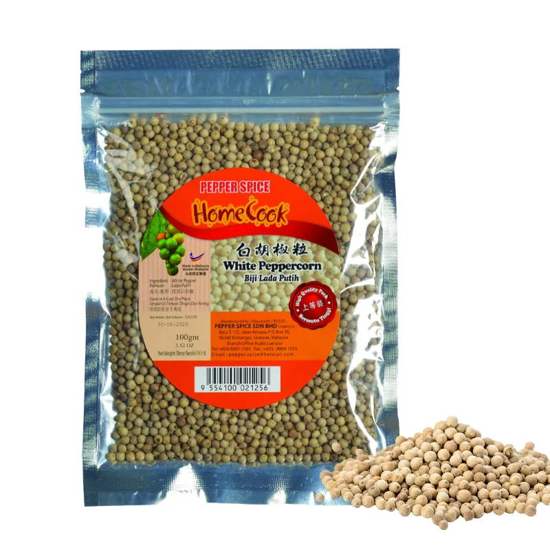 Halal Certified Factory Supply Price Top Quality New Crop Clean White Pepper Seeds 100g Low MOQ Whole WhitePepper OEM Customized
