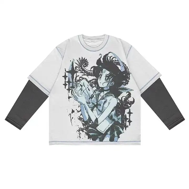 Wholesale Hip Hop Patchwork Long Sleeves Cotton T Shirt Men Custom Screen Printing Contrast Stitch Layered Long Sleeve Shirts