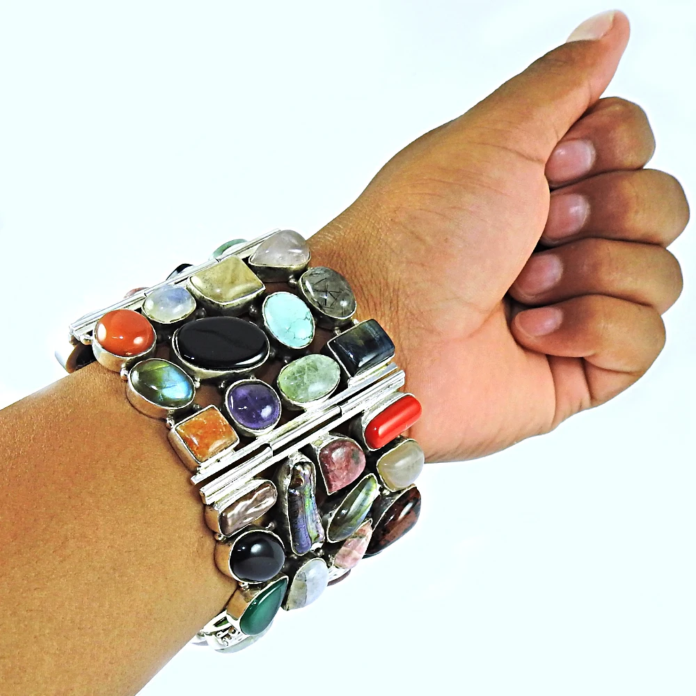 925 Sterling Solid Silver Turkish Jewelry Multi Stone Bracelet Natural Gemstone Bangle Indian Oxidized Bracelet Hallmark Jewelry