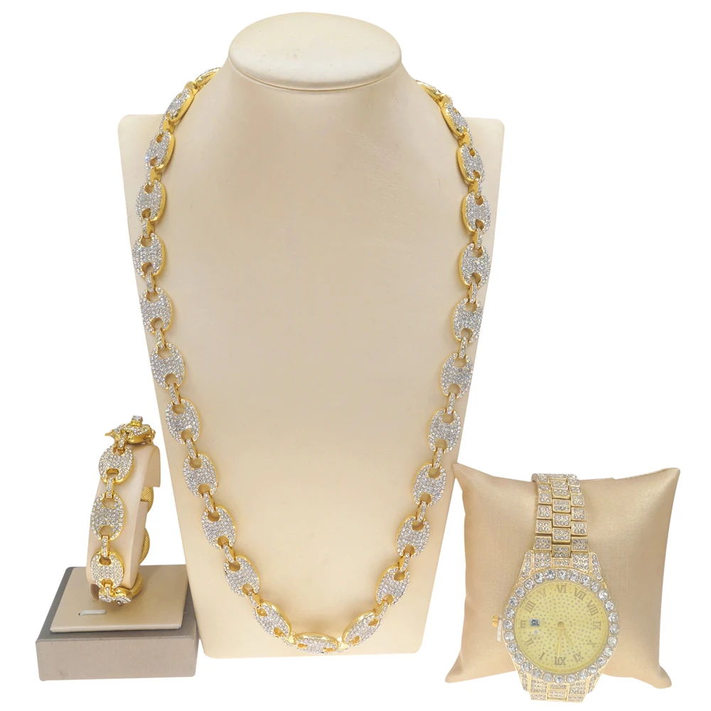 Zhuerrui 24k Gold Plated Dubai Chain Design Jewelry Set Fashion Body Chain Necklace Bracelet Watch Stainless Steel  HW21100149