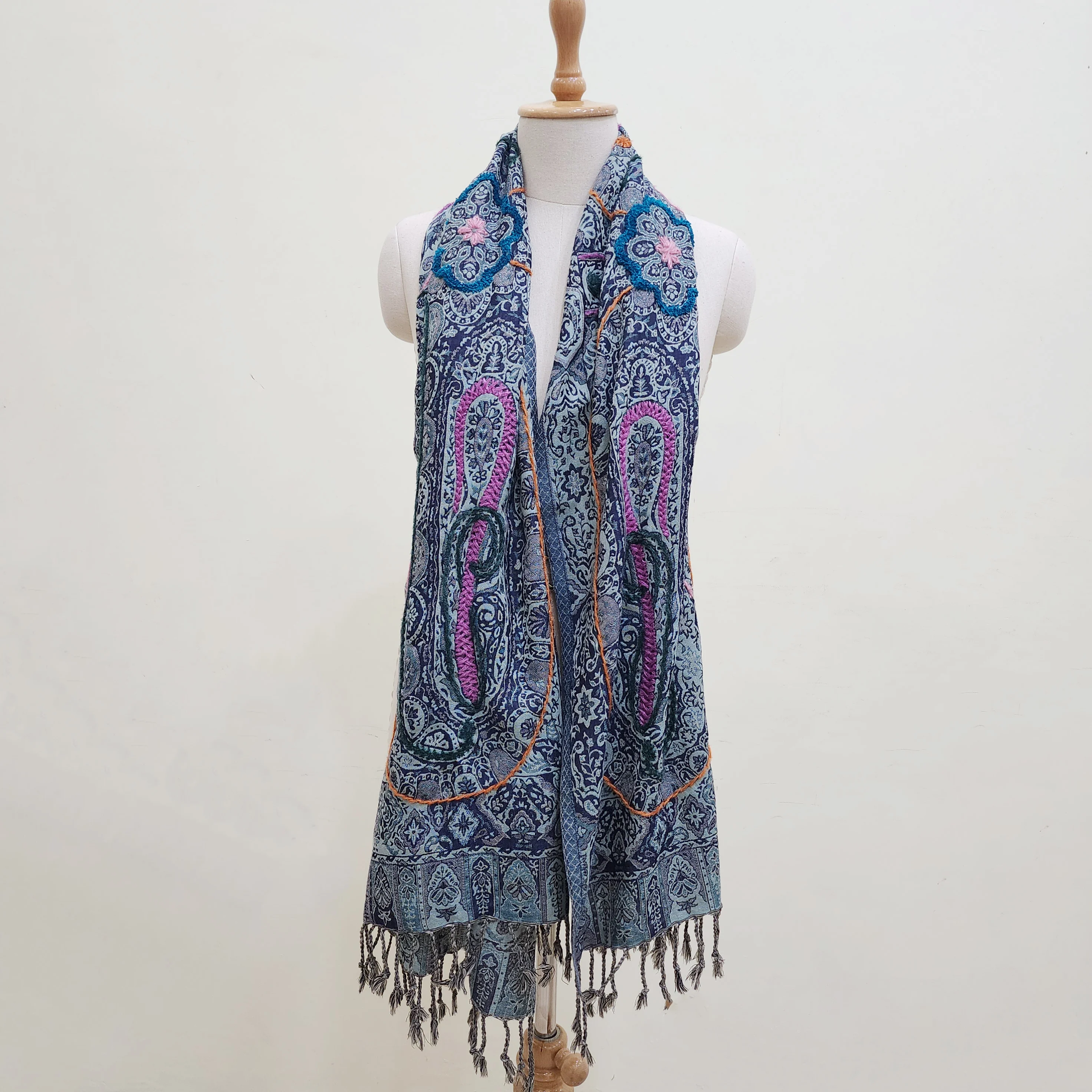 Hand Made Fringe Wool Scarf Hand embroidery pattern winter wear Thick Soft wool scarf for women handcrafted Winter wear scarves