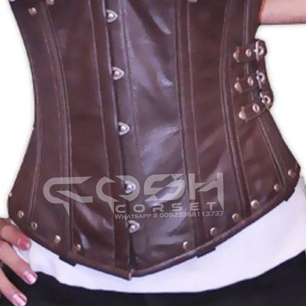 COSH CORSET Overbust Steelboned Waist Cincher Brown Leather Corset With Studs And Busk Customized Curvy Outfit
