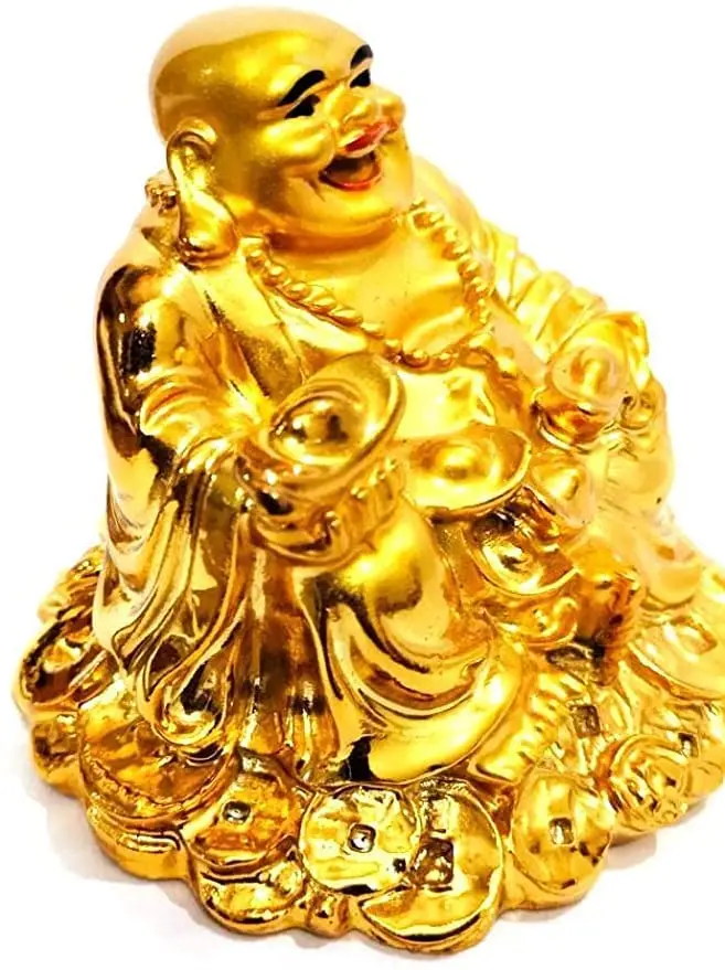 Feng Shui Laughing Buddha Sitting on Luck Money Coins Carrying Golden Ingot for Good Statues Figurines Sculptures Luck & Wealth