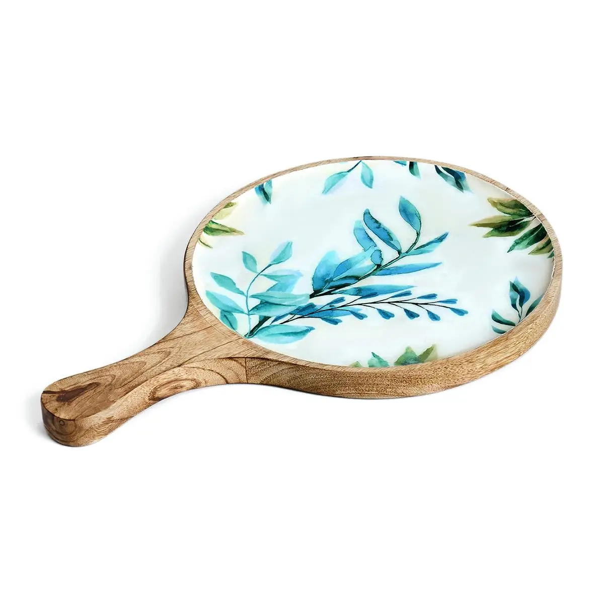 Hot Premium Mango Wood Pizza Serving Tray/Pan for Kitchen Circular Snacks Plate for Home Cafe Restaurants White and Aquamarine