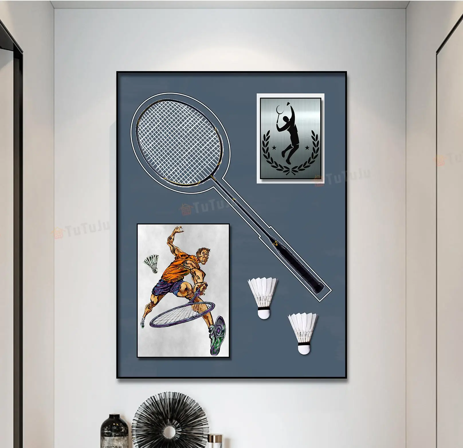 Hot-Selling 3D Stereoscopic Badminton Sports Theme Murals Realistic Badminton Rackets Ball Wall Decorations Home Nude Canvas