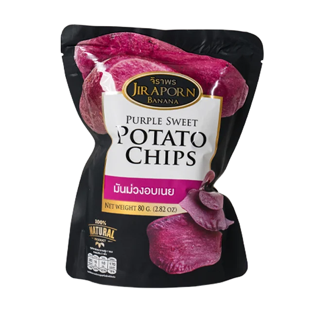 High Quality Purple Yam Jiraporn Banana Crispy Purple Sweet Potato Chips with Butter 80g. Product of Thailand